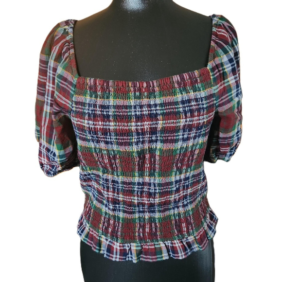 American Eagle Womens Plaid Puff Sleeve Smocked Crop Top Large - Picture 2 of 8